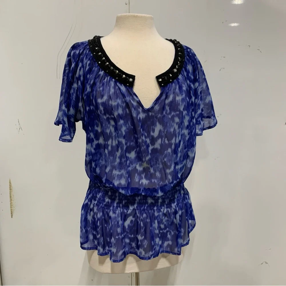 Michael Kors Blue Tie-Dye Blouse with Jems Vneck Collar 2328‎ M